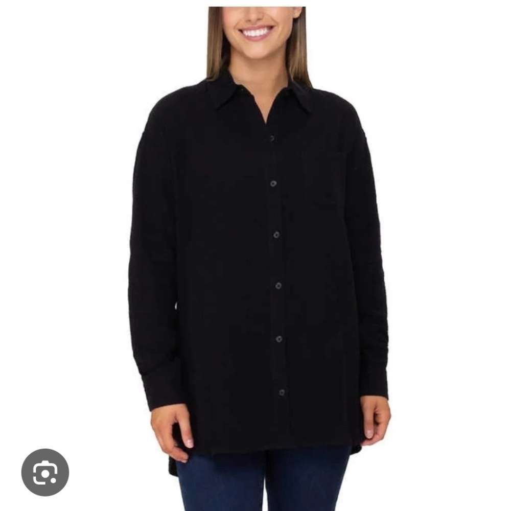 Rachel Roy Button Up Gauze Black Long Sleeve Top Size Small